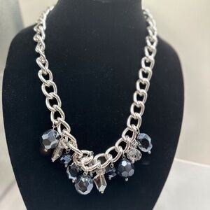 Bold Silver-Tone Chain Necklace with Blue and Crystal Beads